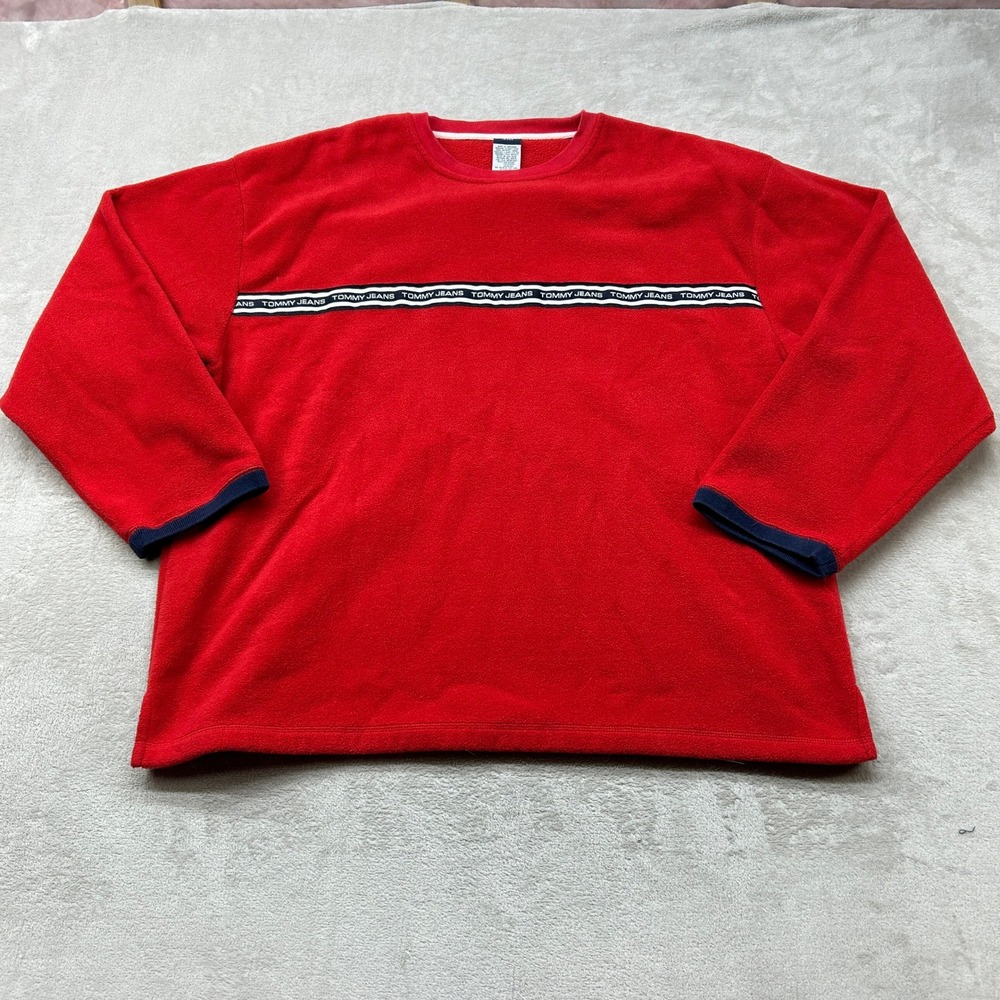 Vintage Tommy Jeans Fleece Sweatshirt Men XXL Red Logo Tape Long Sleeve Crewneck